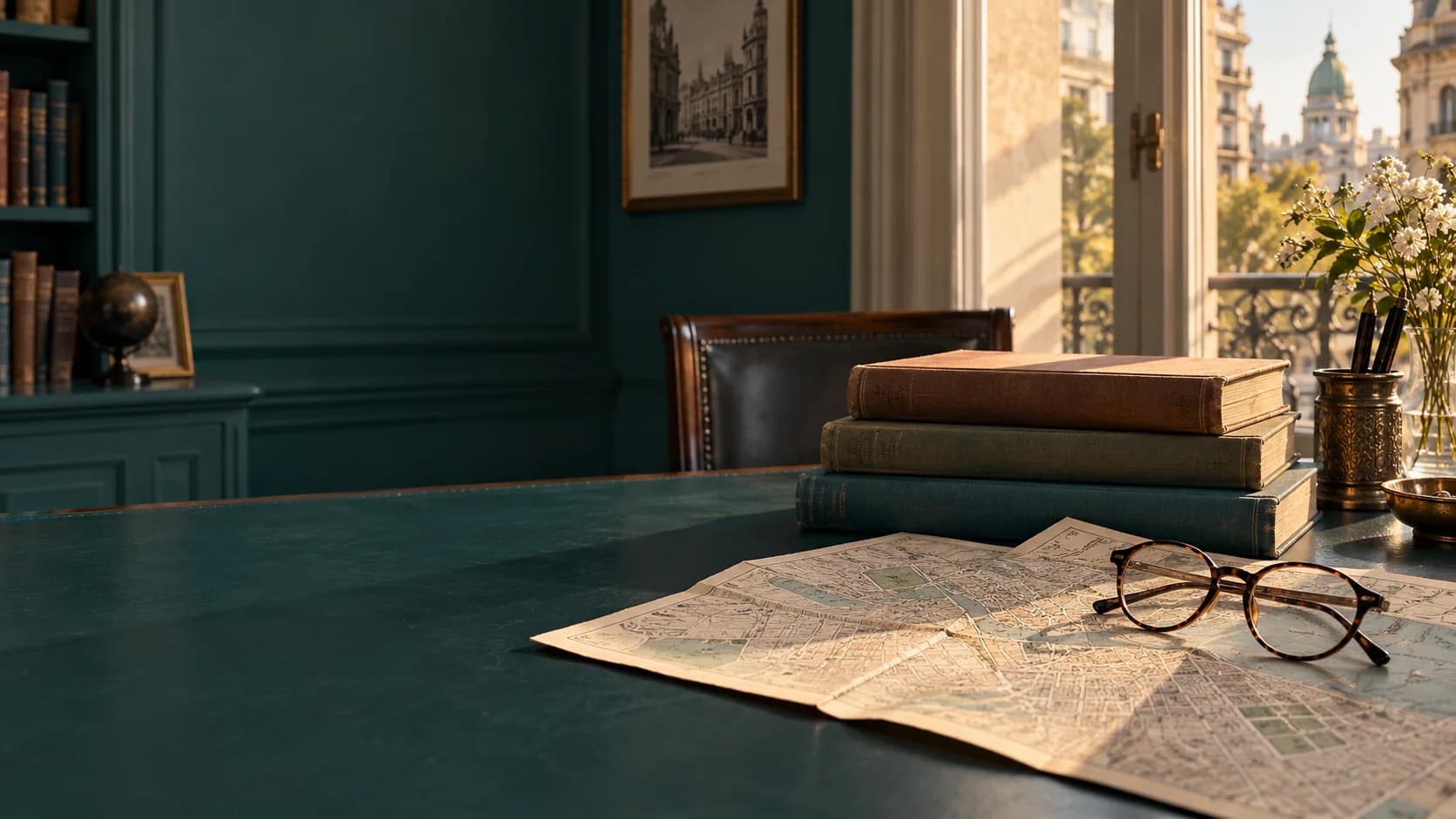 Illustrative still life of books and a map in a heritage library